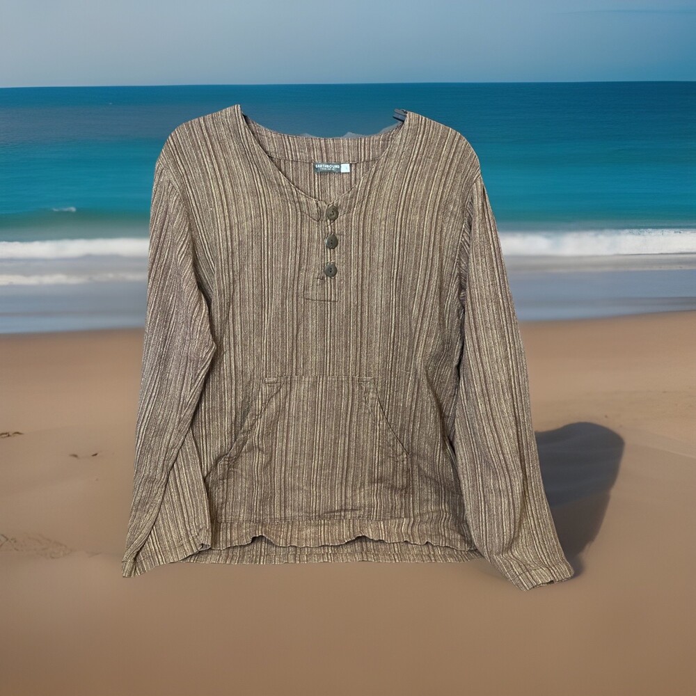 Earthbound Trading Company Women’s Size L Striped Solid Brown Tunic Style